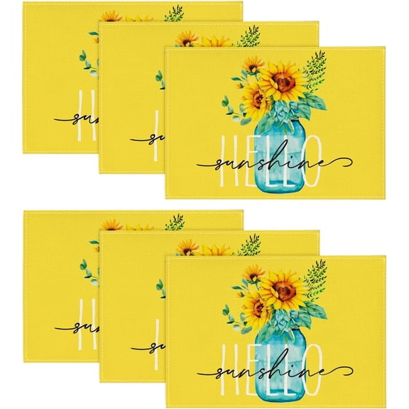 Yellow Hello Sunshine Sunflower Summer Placemats Set of 6, 12x18 Inch Seasonal Spring Table Mats for Party Kitchen Dining Decoration