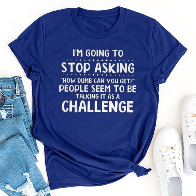 RXIRUCGD Hauts de Sortie pour Femmes Mode Été Décontracté Col Rond Imprimé Lettre Manches Courtes T-Shirt Chemises Femmes Bleu