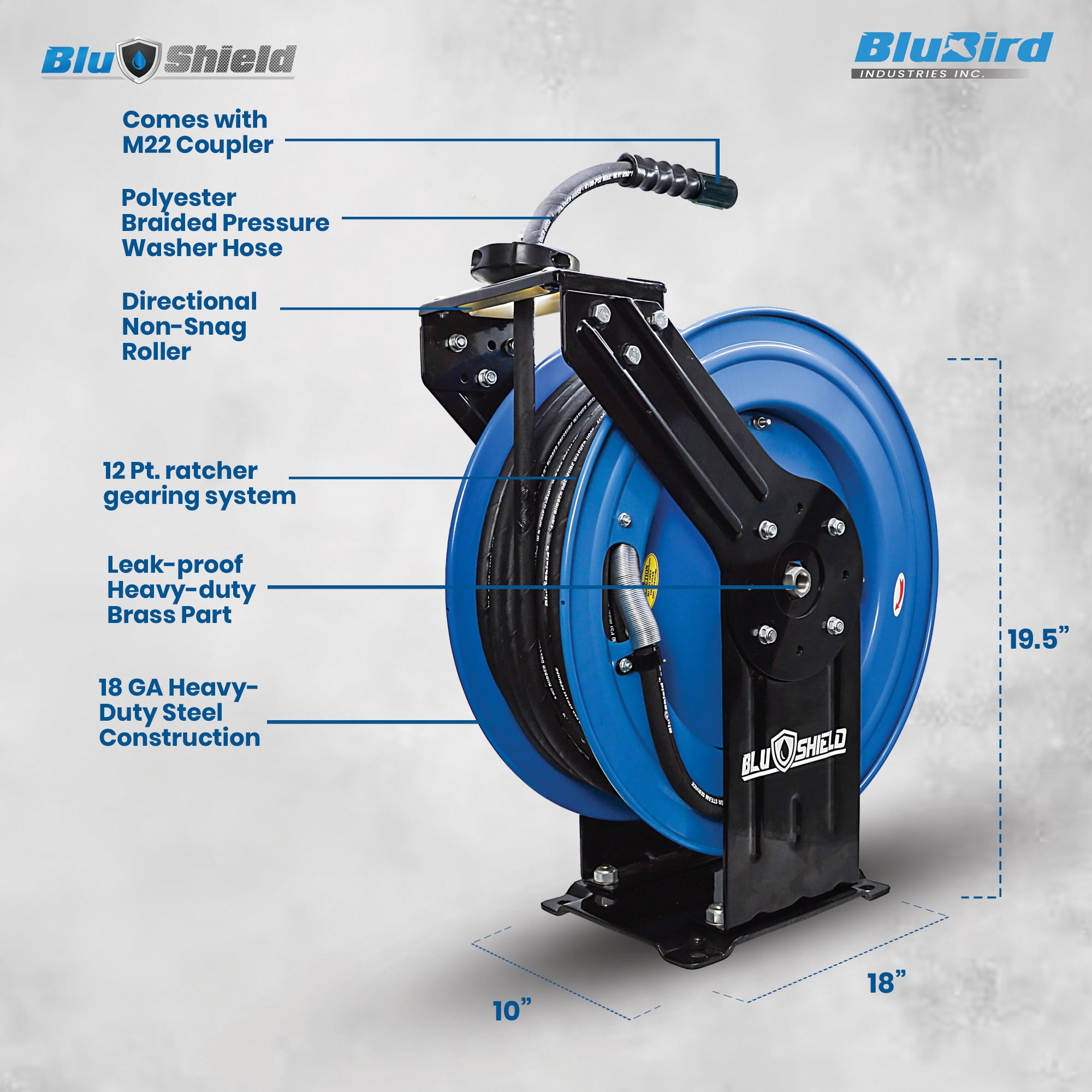 BluShield 1/4" Pressure Washer Dual Arm Hose Reel with 35% Lighter Polyester Braided Hose - Hot and Cold Water, 1 Year Warranty, 3100 PSI, M22 (1/4" x 100')