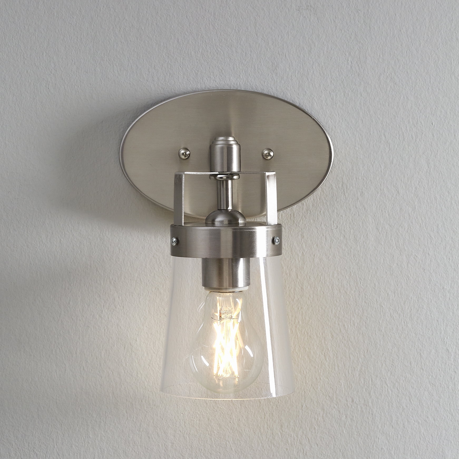 Better Homes & Gardens Modern Wall Sconce, Glass Shade Satin Nickel Finish, A19 LED Bulb Included