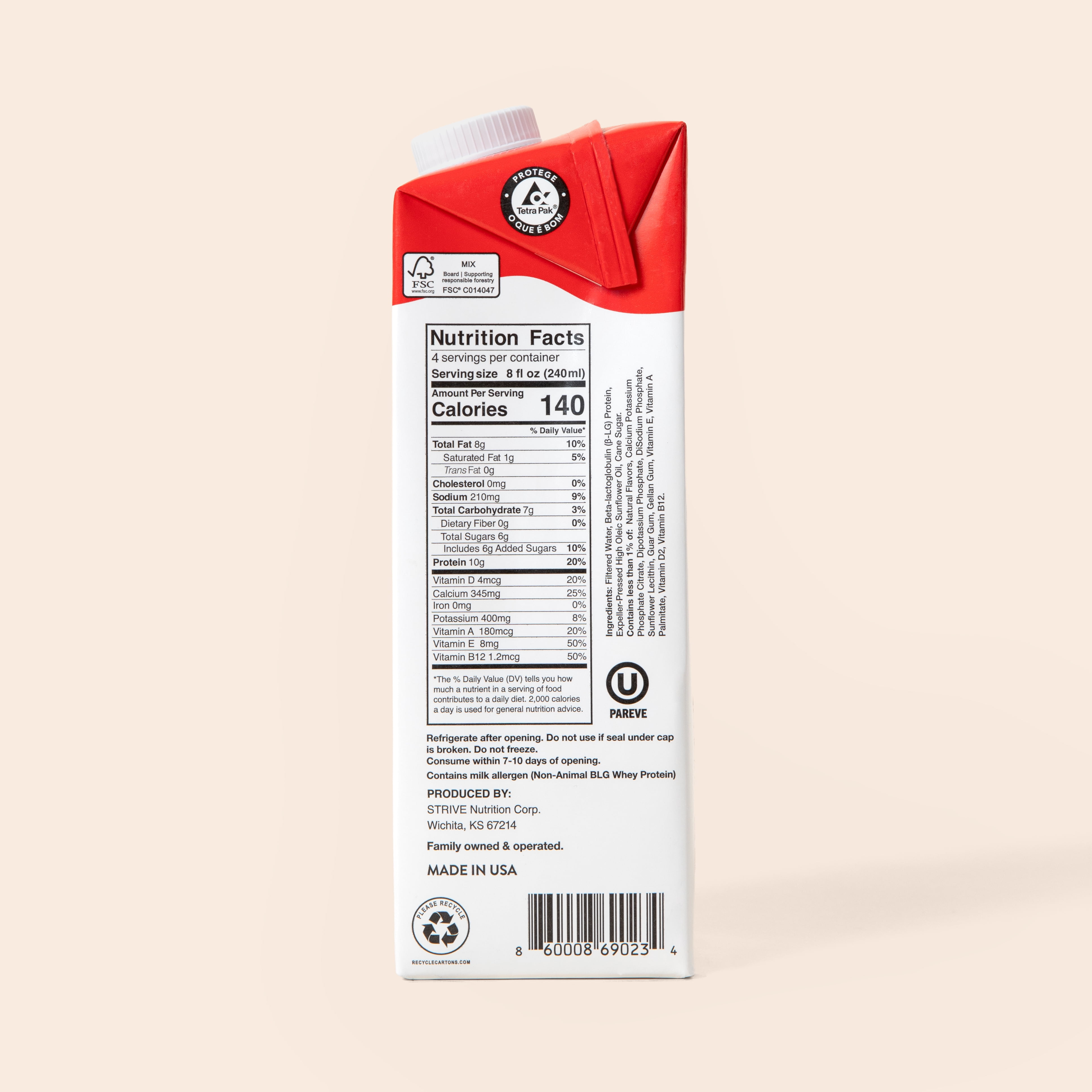 Strive Freemilk Original 32 fl oz, Lactose-Free, Shelf Stable, Vegan-Friendly, 10g Protein, Low Sugar, Kosher Pareve, Milk Alternative