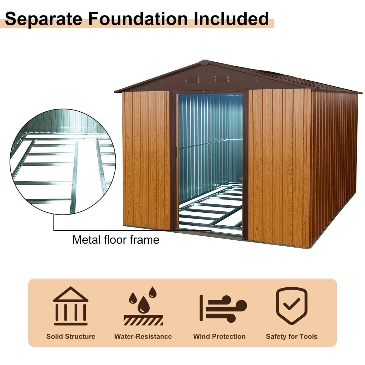 Miekor Furniture 8ft x 10ft Outdoor Metal Storage Shed with Metal Floor Base,Coffee B5A5355