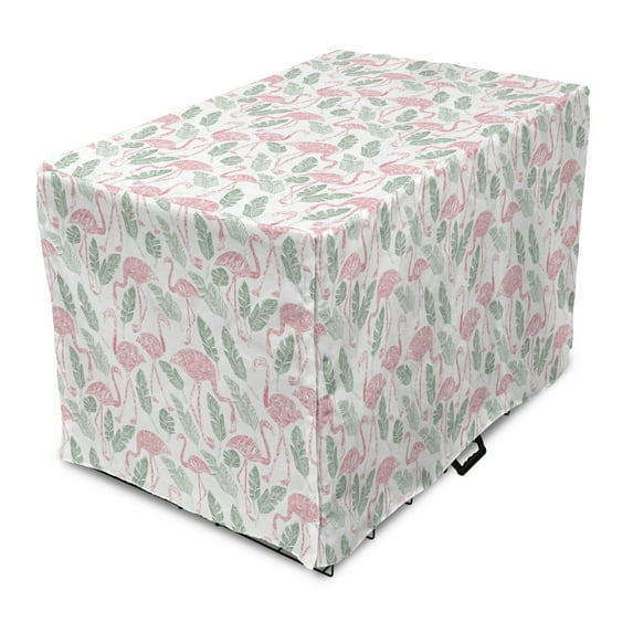Flamingo Dog Crate Cover, Pastel Hand Drawn Palm Banana Leaves and Tropical Bird Animal Silhouettes, Easy to Use Pet Kennel Cover Small Dogs Puppies Kittens, 7 Sizes, Peacock Green Pink, by Ambesonne