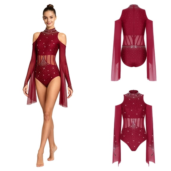 Aislor Women Lyrical Dance Leotard Glitter Rhinestones Cold Shoulder Long Sleeves Sheer Mesh Waist Bodysuit Dancewear Burgundy L