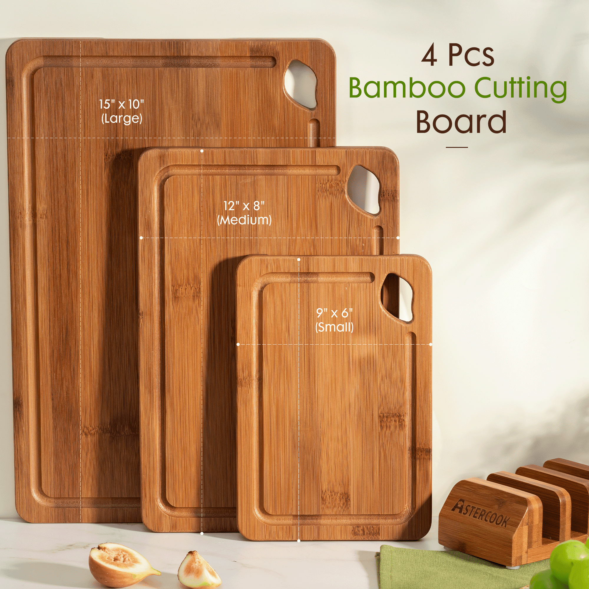 Astercook 4-Pieces Wood Cutting Board, Bamboo Chopping Board for Kitchen with Holder, Cutting Boards Set with Juice Groove and Handles, Charcuterie Board for Chopping Meat, Vegetables and Fruits