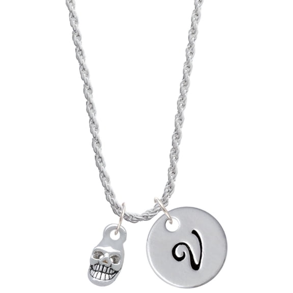 Delight Jewelry Silvertone Mini Skull Silvertone Script Initial Disc - V - Charm Necklace, 20"+3"
