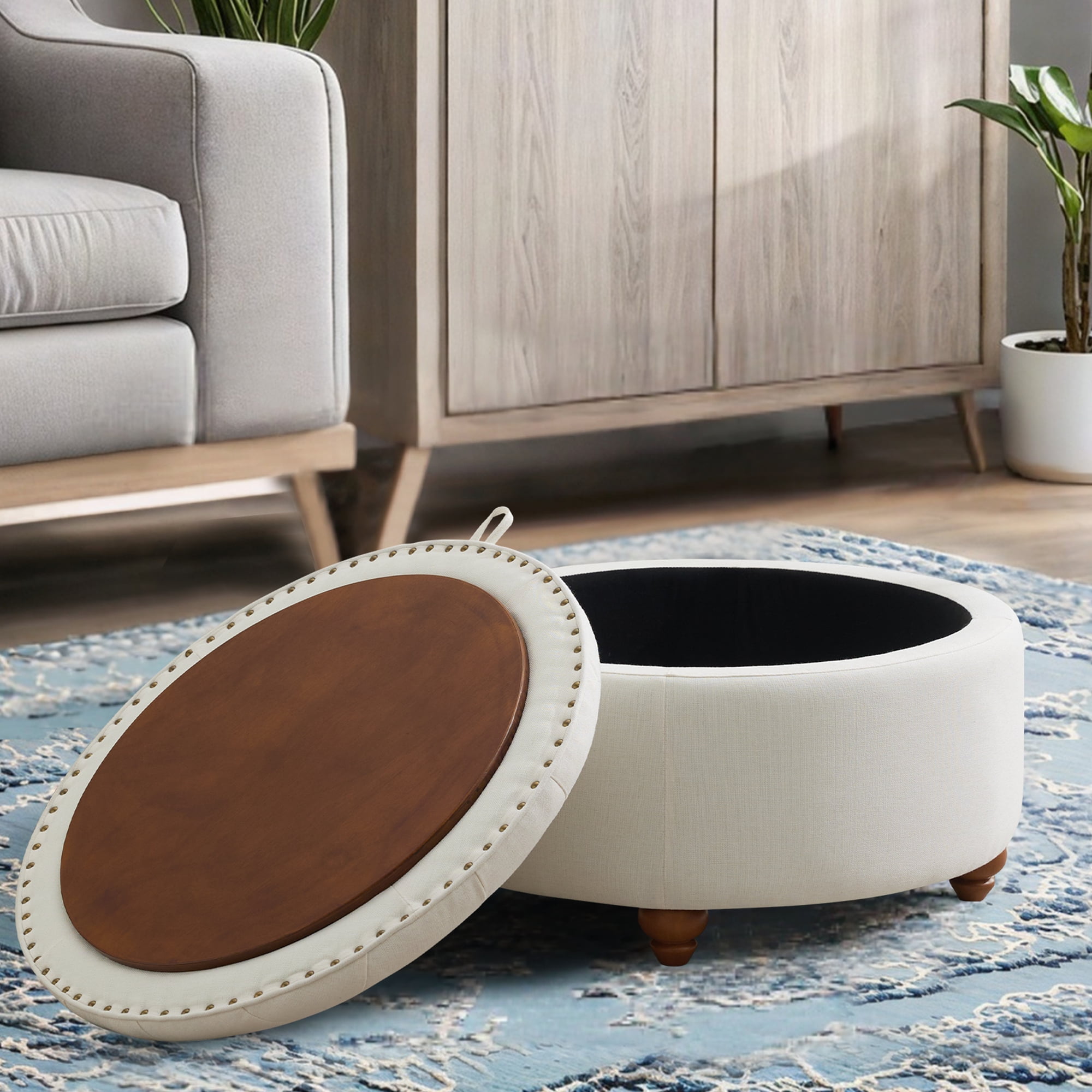 24'' Round Ottoman with Storage, Modern Tufted Fabirc Storage Ottoman with Removable Top for Living Room, Bedroom, Beige