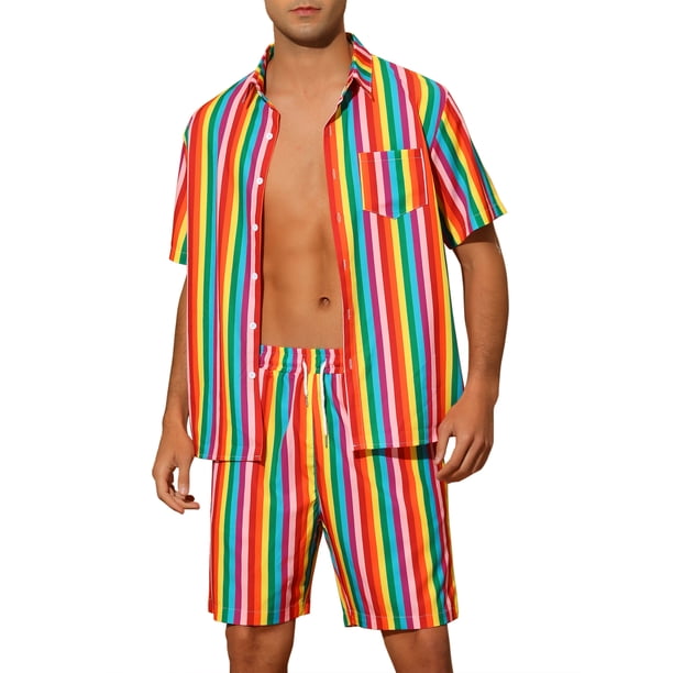 Conjunto de Camisa Rayada INSPIRE CHIC de Manga Corta para Hombre y Pantalones Cortos de Playa Hawaiana Talla S Multicolor