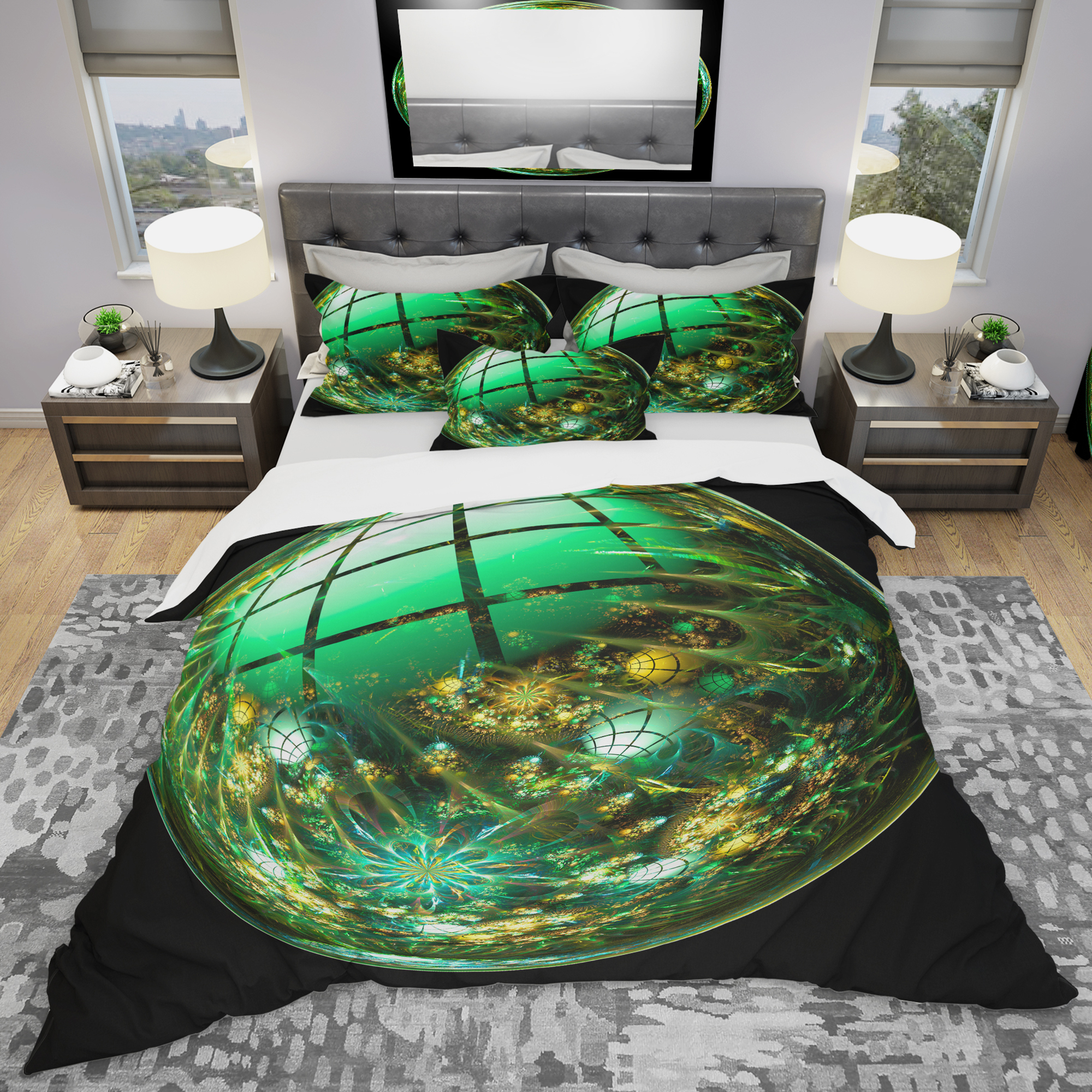 Designart 'Bright Green Fractal Sphere' Modern & Contemporary Duvet Cover Set