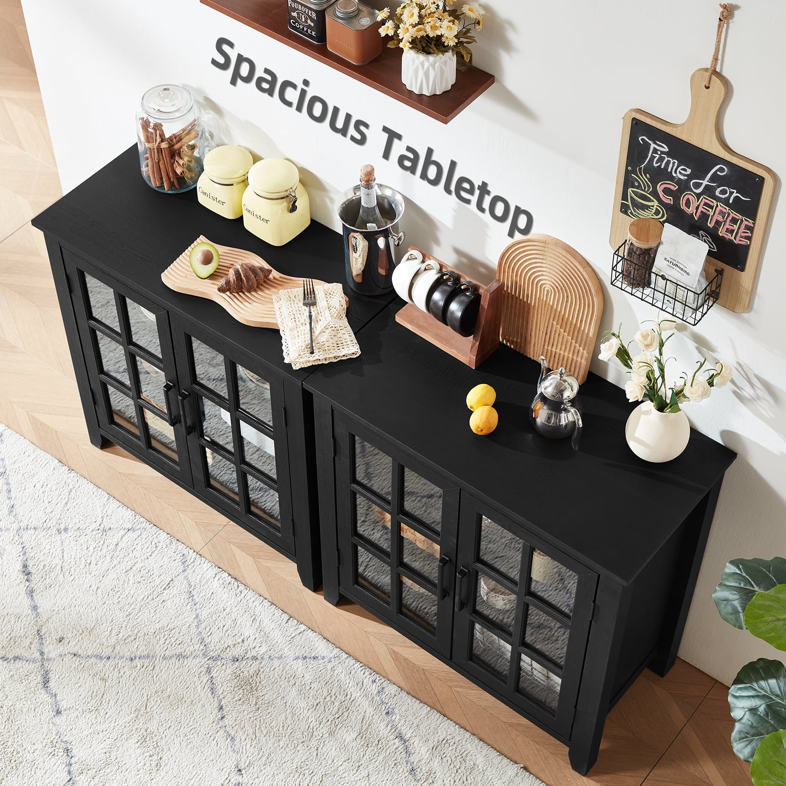 Joaxswe Buffet Storage Cabinet with Tempered Glass Doors, 31.5" Kitchen Cabinet with Adjustable Shelves, Black