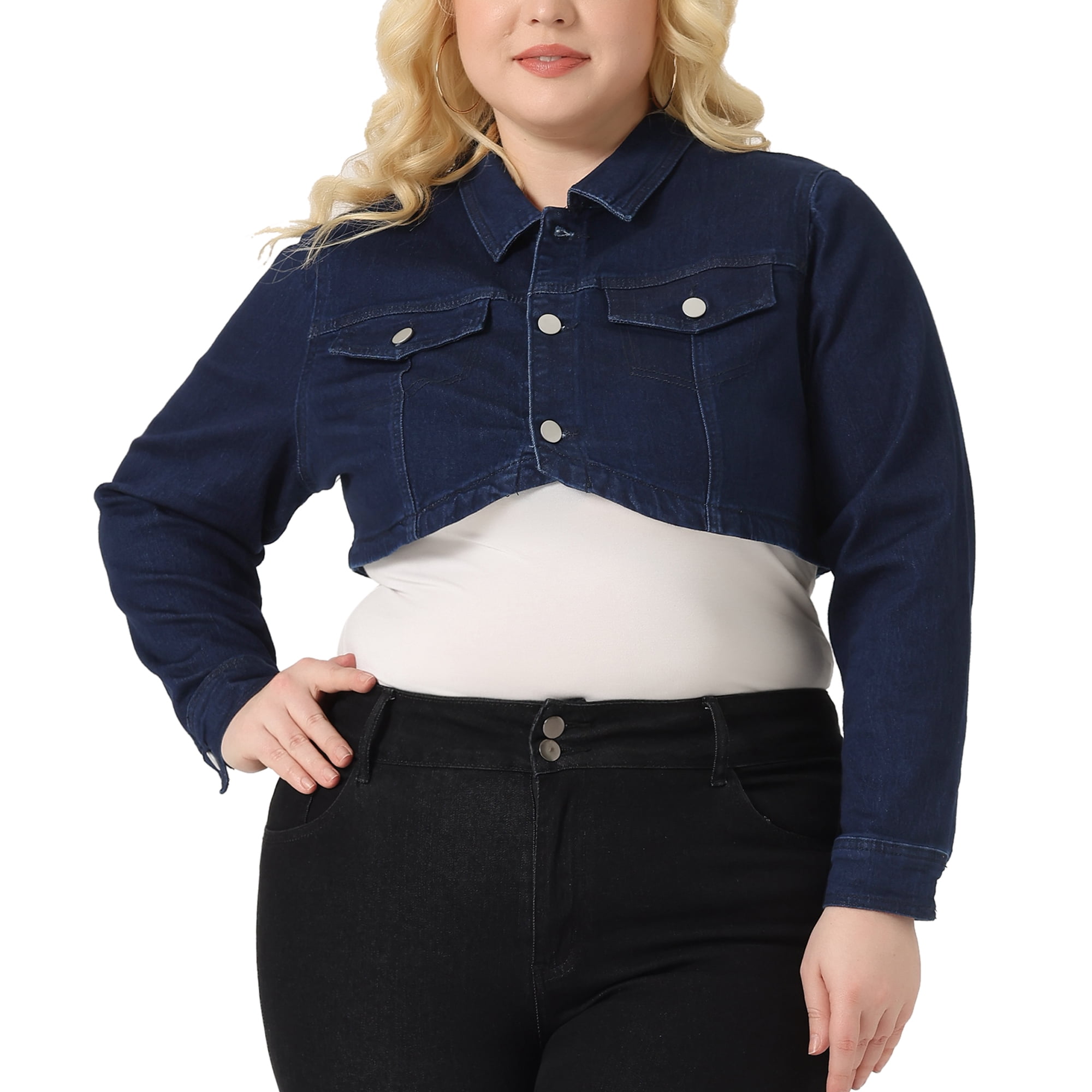 Unique Bargains Women's Plus Size Washed Notched Lapel Cropped Denim Jacket 1X Black Blue