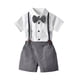 thumbnail image 1 of Qarigey Camisa con botones de verano para niños, conjunto de pantalones, conjunto de ropa de pajarita para banquete de fiesta, pantalones conjuntos de ropa Plata 130cm, 1 of 6