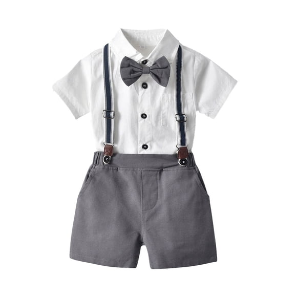 Qarigey Conjunto de pantalones y camisa de manga corta de verano para niños, ropa de fiesta, banquete, boda, pajarita, pantalones cortos con conjuntos de ropa Plata 90cm