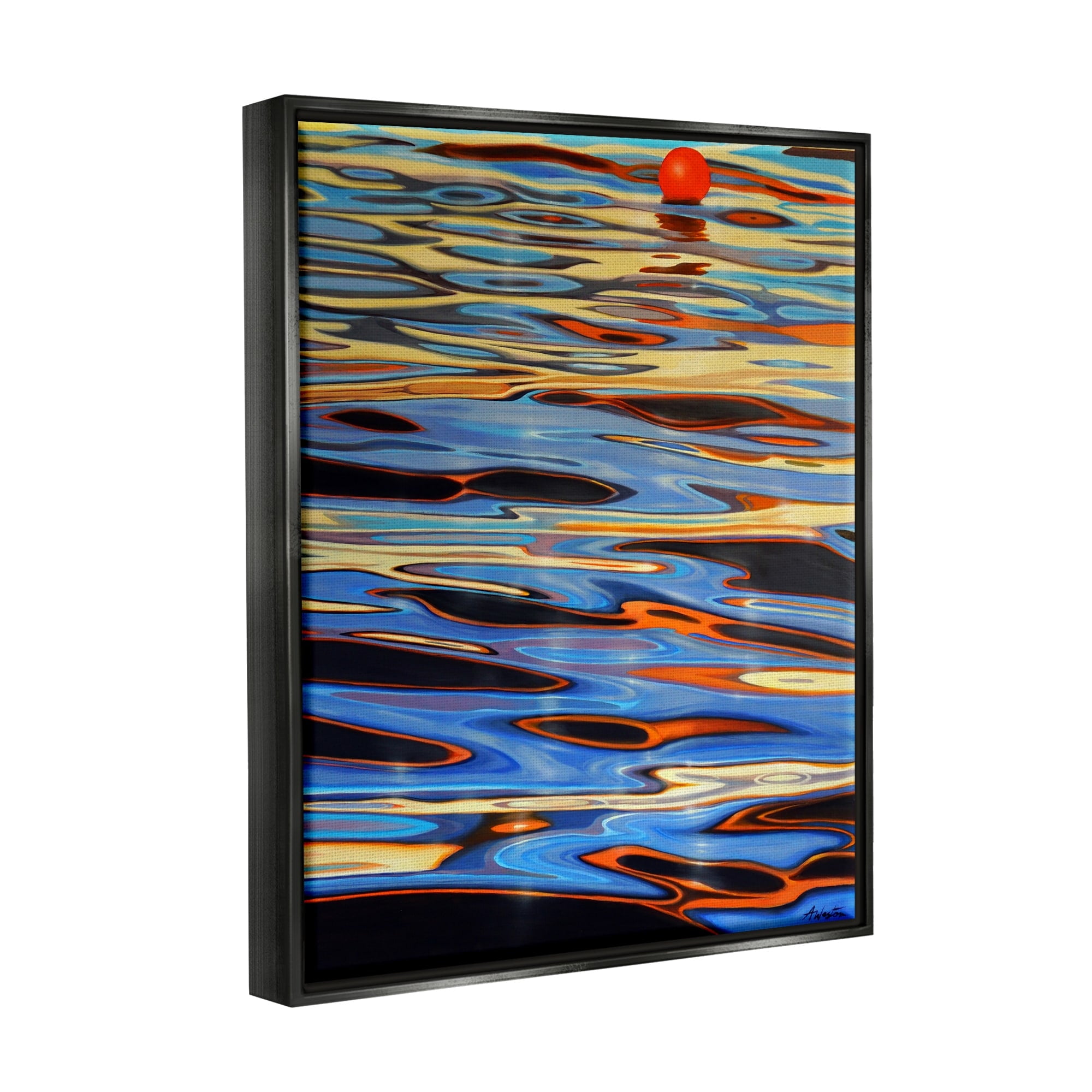 Stupell Industries Ball Floating Reflective Water Ripples Vivid Light Graphic Art Jet Black Floating Framed Canvas Print Wall Art, Design by Alan Weston