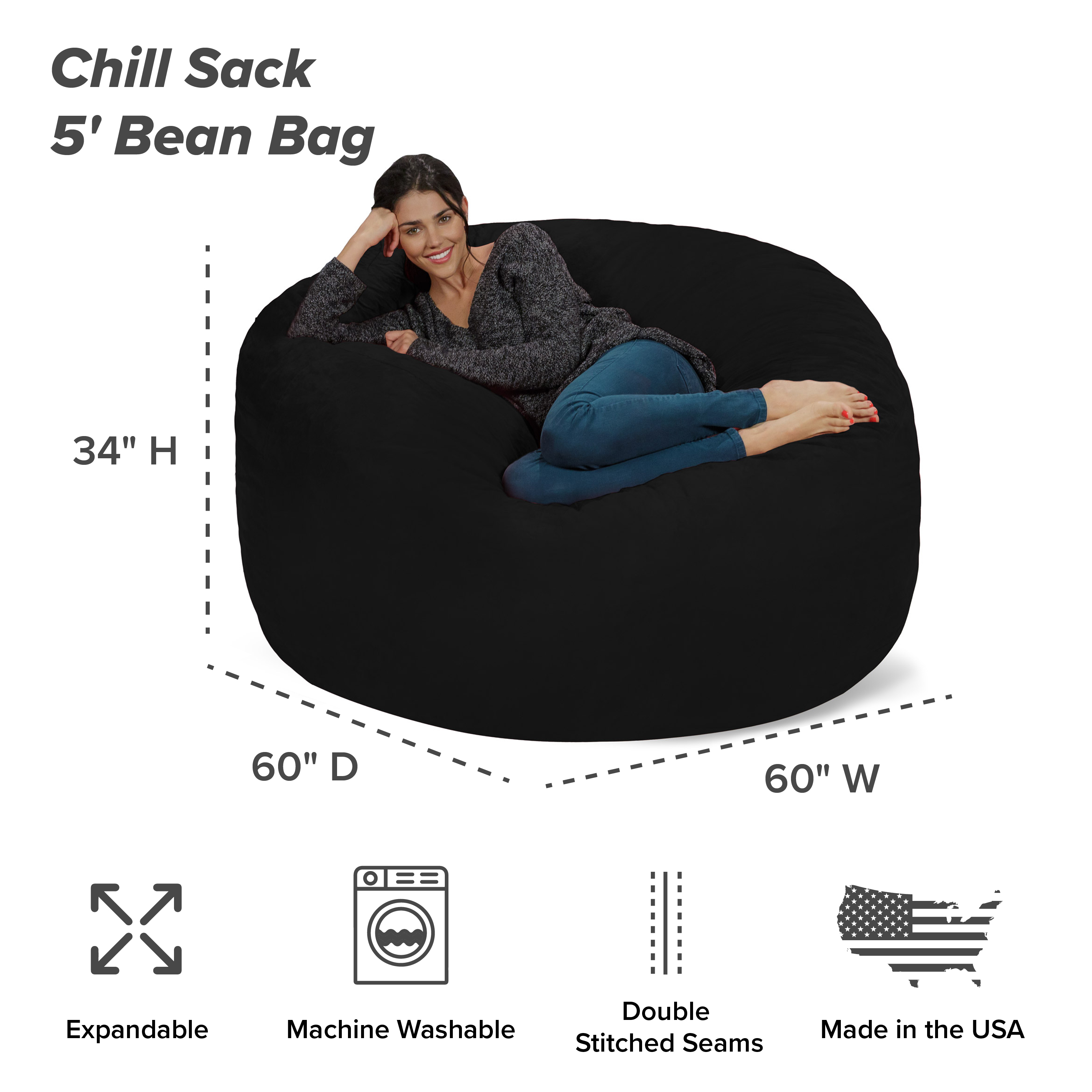 Chill Sack Bean Bag Chair, Memory Foam Lounger with Microsuede Cover, Kids, Adults, 5 ft, Black - image 2 of 5