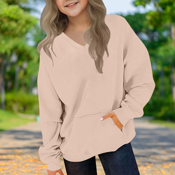 Blusas y camisas de manga larga con cuello redondo para niños y niñas, sudaderas casuales de manga larga, lindas sudaderas de gran tamaño con bolsillo de polar, chaquetas para niñas