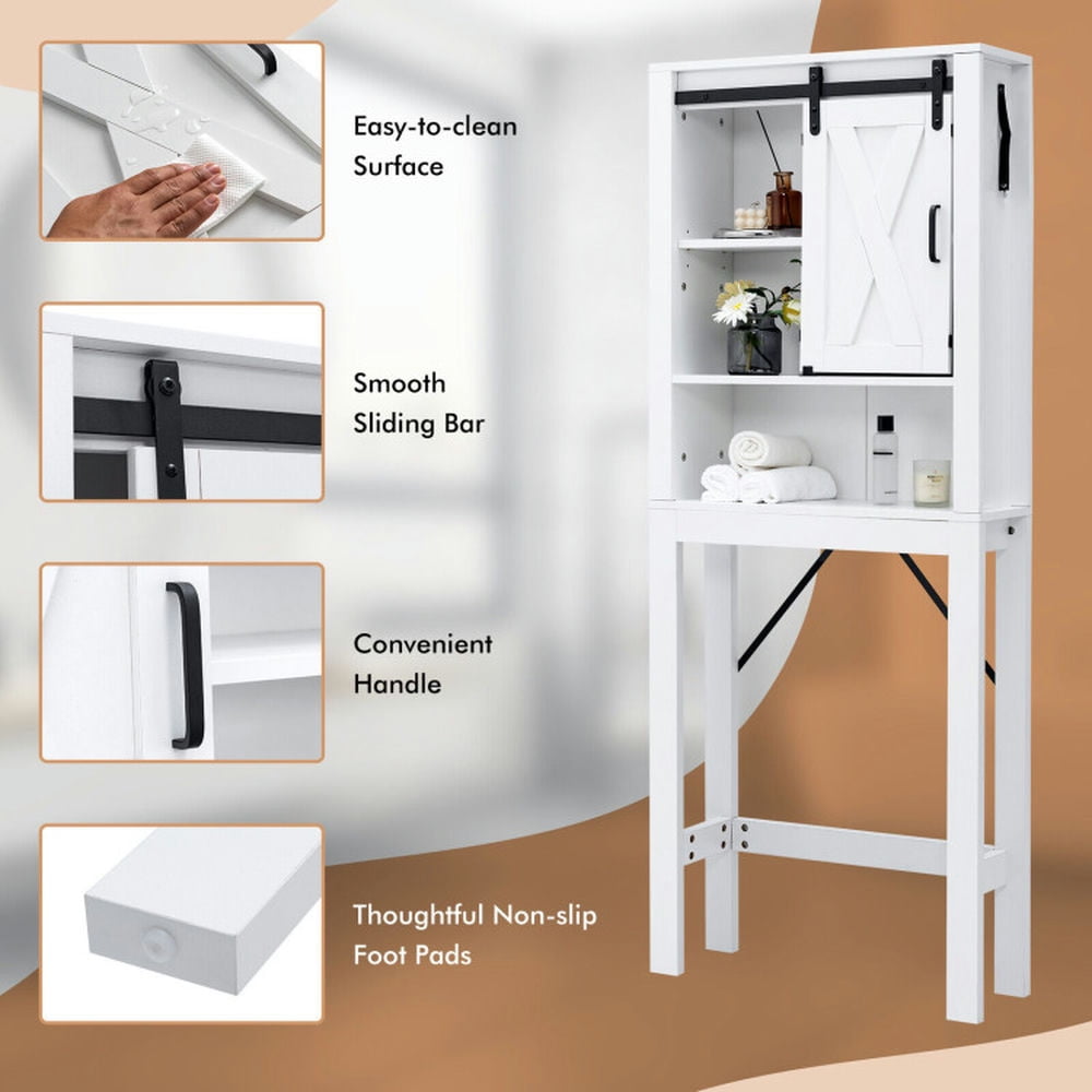 Finihen Toilet Storage Cabinet, Bathroom Cabinet Organizer, 3-Tier Wodden Bathroom Cabinet with Sliding Barn Door and 3-position Adjustable Shelves, for Bathroom, White