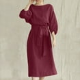 thumbnail image 2 of CHUANK Robe en Lin de Coton pour les Femmes Col Rond Lanterne Manches Robes d'Été Couleur Unie Casual Fluide Longue Robe avec Ceinture, 2 of 8