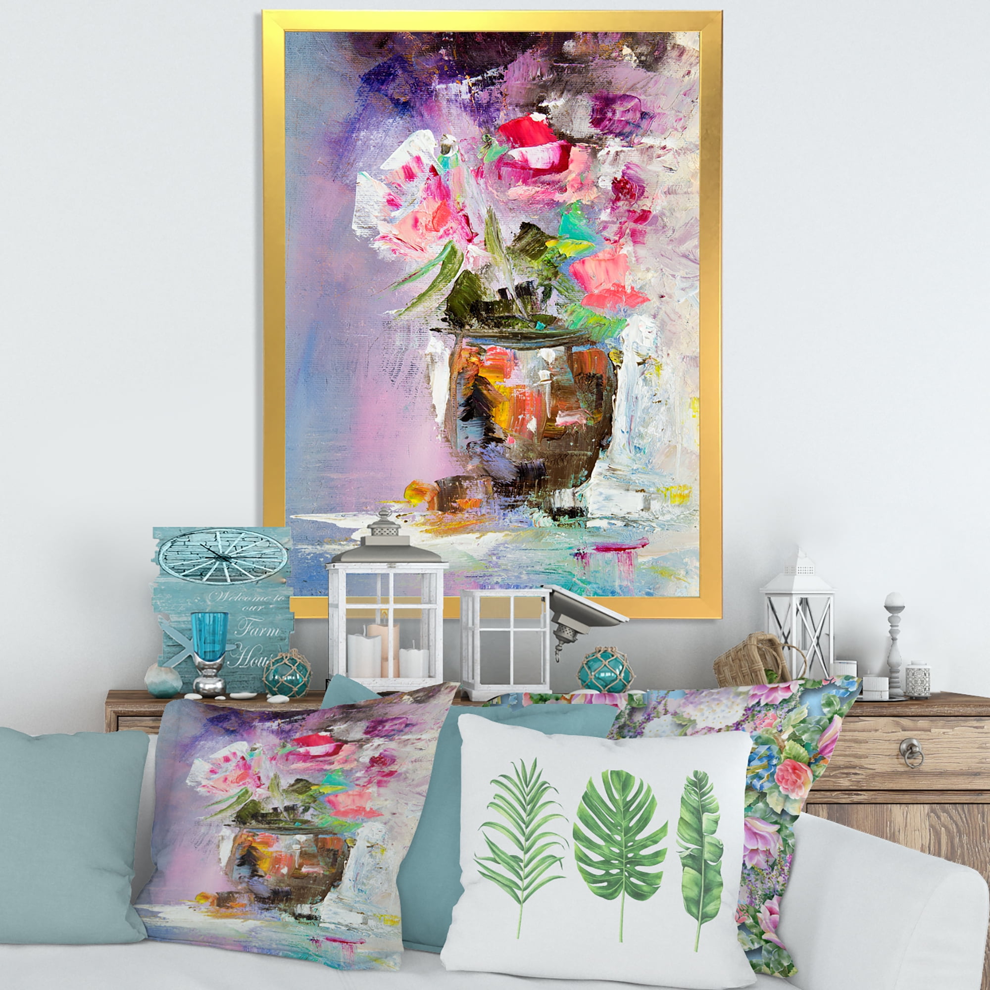 Designart 'Pink Fresh Abstract Flowers Bouquet in Vase' Modern Framed Art Print