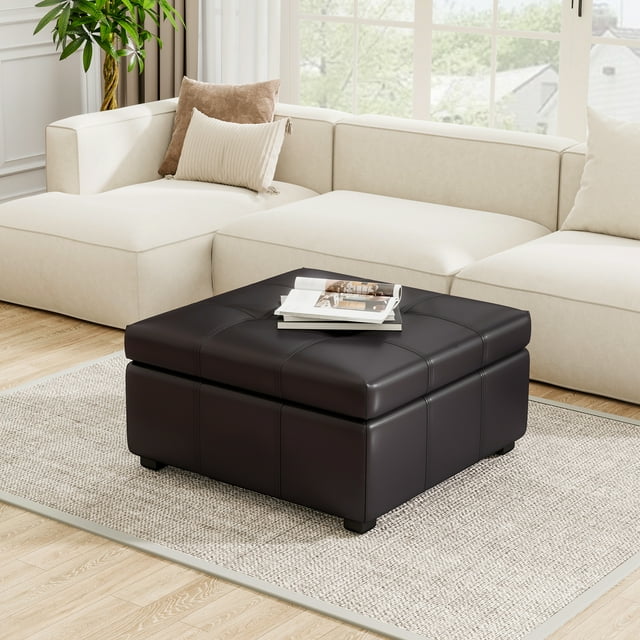 34.25 Inch Large Square Storage Upholstered PU Leather Coffee Table,Chocolate