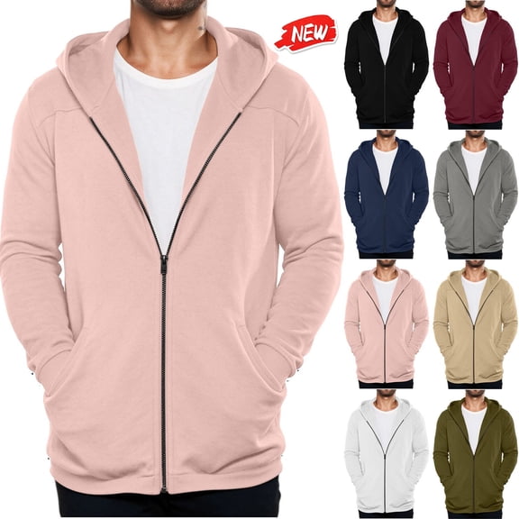 qafoshin Full-Zip Hoodies for Men Casual Trendy Solid Color Long Sleeve Loose Fit Fall Sweatshirt Jackets with Pockets