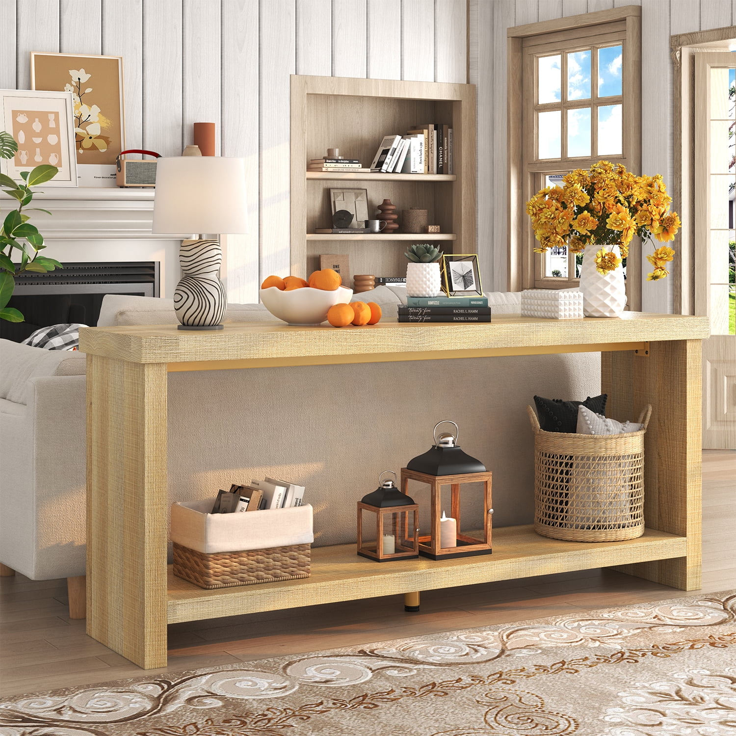 63-inch Long Console Table with 2-Tier Storage Shelves, Narrow Sofa Table Behind Couch, Farmhouse Entryway Table for Hallway & Living Room, Foyer Table in Oak Natural