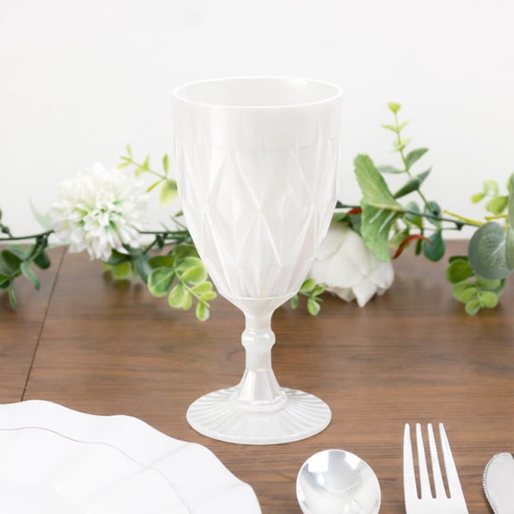 Efavormart 12 Pack Diamond Cut Vintage Plastic Wine Goblets – Pearl White 11oz Embossed Reusable Drink & Cocktail Glasses