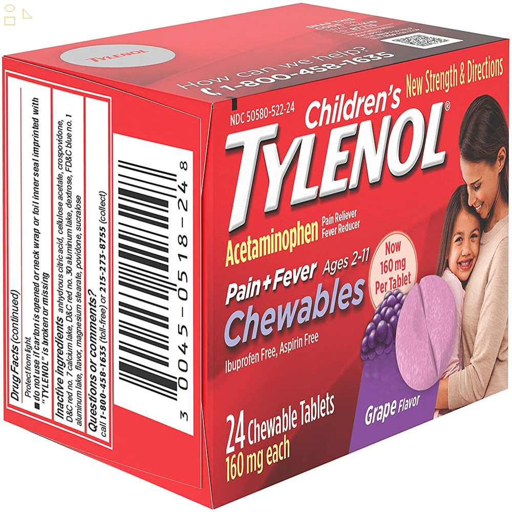 Tylenol Childrens Pain Plus Fever Chewable Tablets, Grape, 24 Ea, 2 Pack
