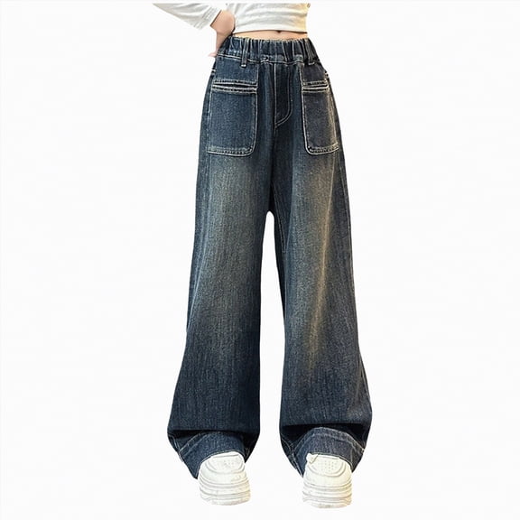 TOWED22 Girls Straight Leg Baggy Jeans Loose Denim Pants with Pockets Classic Casual Style Blue,15-16 Y