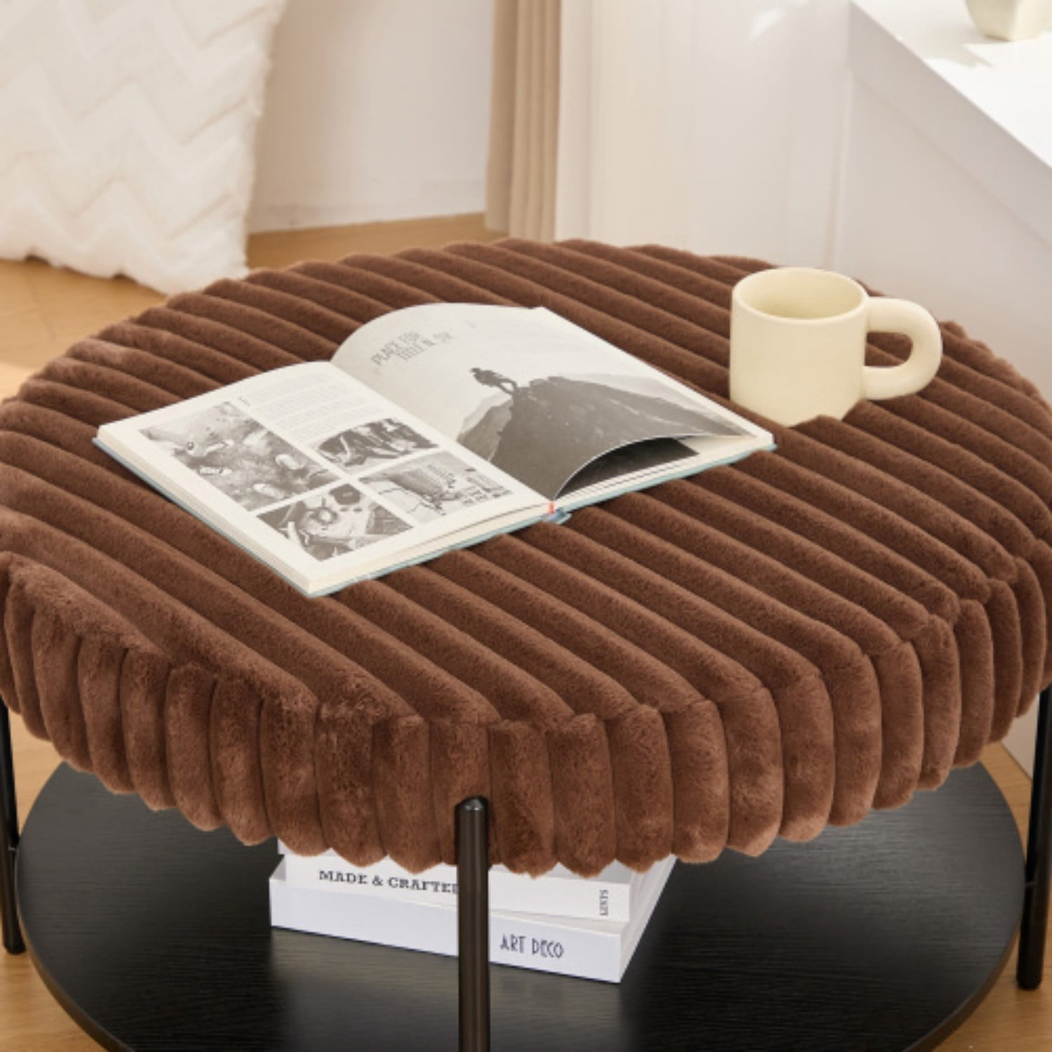 30.9" Round Upholstered Ottoman Coffee Table, Faux Fur Foot Stool with Open Storage Shelf & Black Metal Legs, Brown Footrest Ottoman