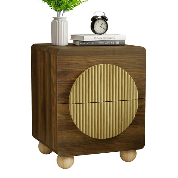 23" Fluted Nightstands with Solid Wood Legs, Modern Style Walnut Bedside Table with Round Moon Handle & Storage, Mid Century Cute Night Stand for Bedroom, Side Table, End Table for Dorm