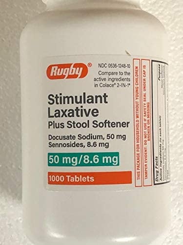1000 Count BottleRugby® Stool Softener Plus Natural Vegetable Stimulant Laxative (DOCUSATE Sodium 50MG & Senna 8.6MG)