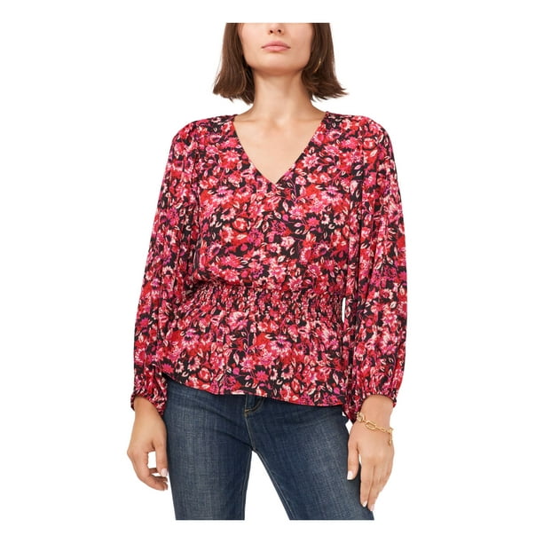 VINCE CAMUTO Womens Black Smocked Floral Blouson Sleeve V Neck