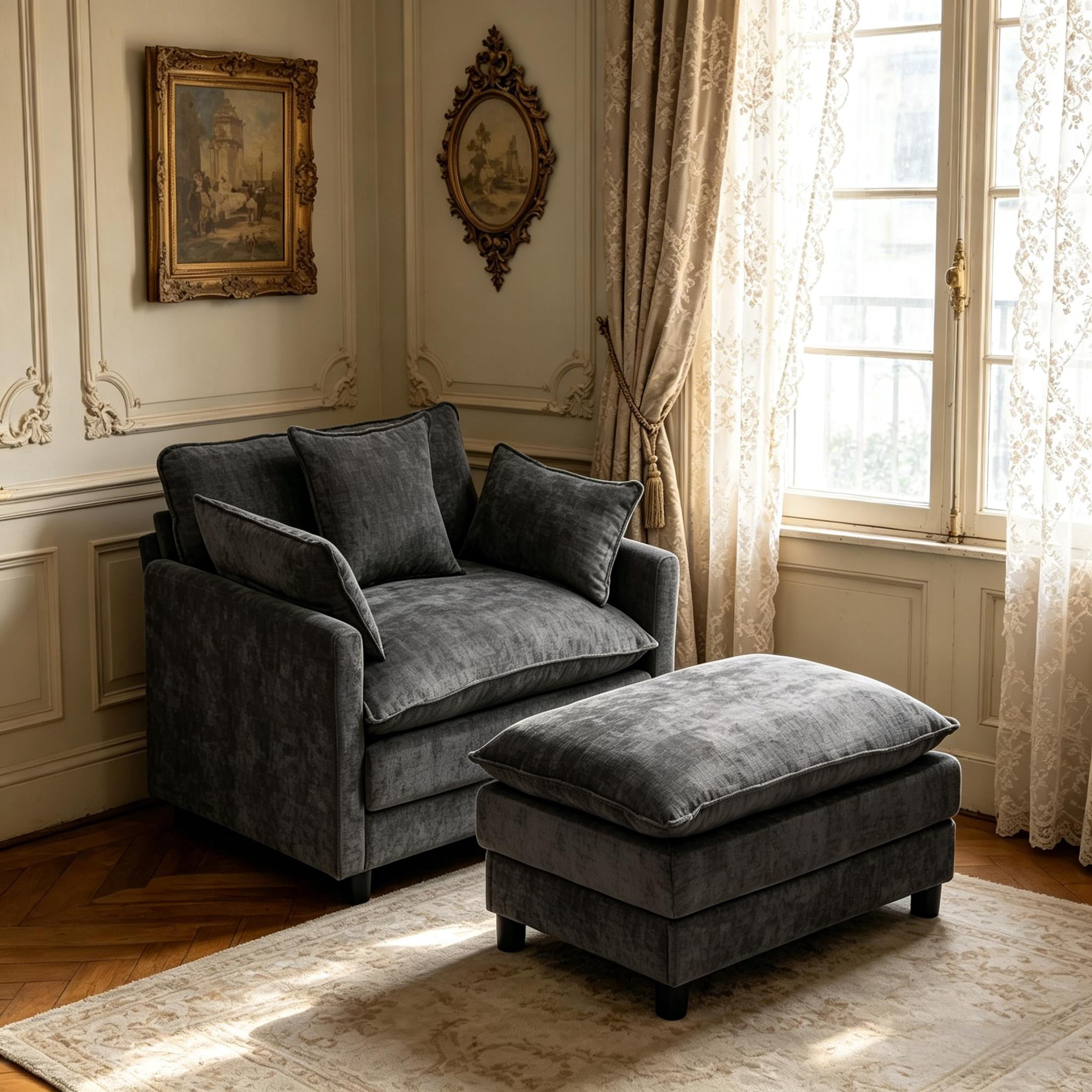 Howcool 39.4" Modern Chenille Accent Chair with Ottoman, Upholstered Club Armchair Reading Chair for Living Room Bedroom