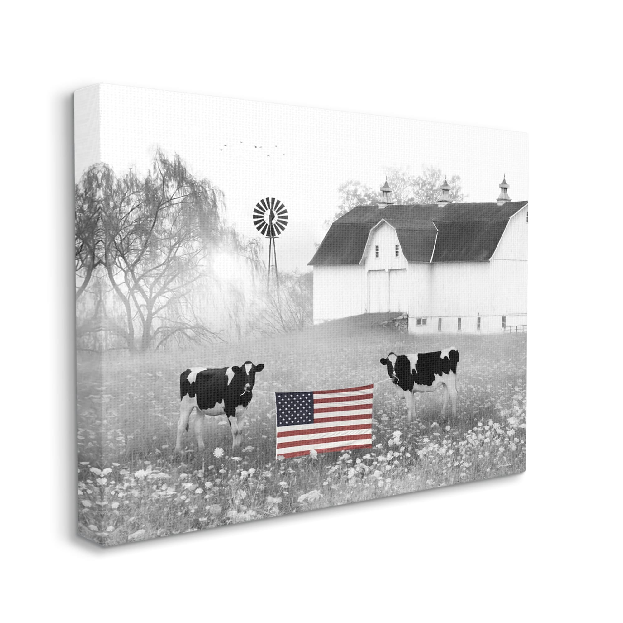 Stupell Americana Barn Country Cows Flag Animals & Insects Painting Gallery Wrapped Canvas Print Wall Art