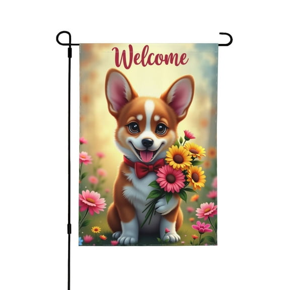 Welcome Spring Summer Garden Flag Cute Corgi With Flowers Double Sided 12x18 Inch Yard Flag Outdoor House Decoration Seasonal Farmhouse Banner
