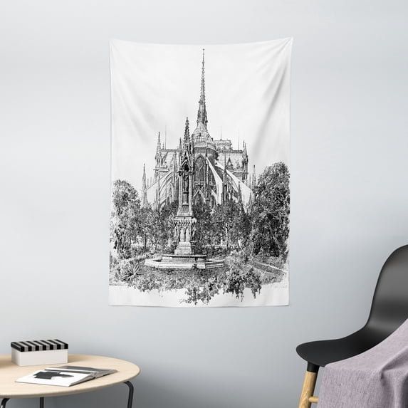 Notre Dame Tapestry, Square of the Archdiocese and Apse of Notre Dame Historic French Landmark, Wall Hanging for Bedroom Living Room Dorm Decor, 40W X 60L Inches, Grey and White, by Ambesonne