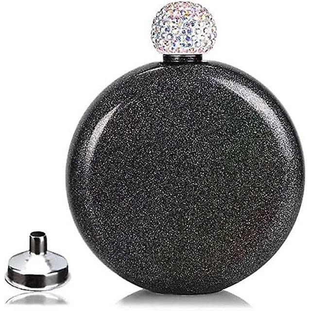 Bonita petaca para licor para mujer, 5 onzas, con revestimiento brillante, con tapa de diamantes de imitación, para bar, barbacoa y viajes, color negro. 1 embudo.