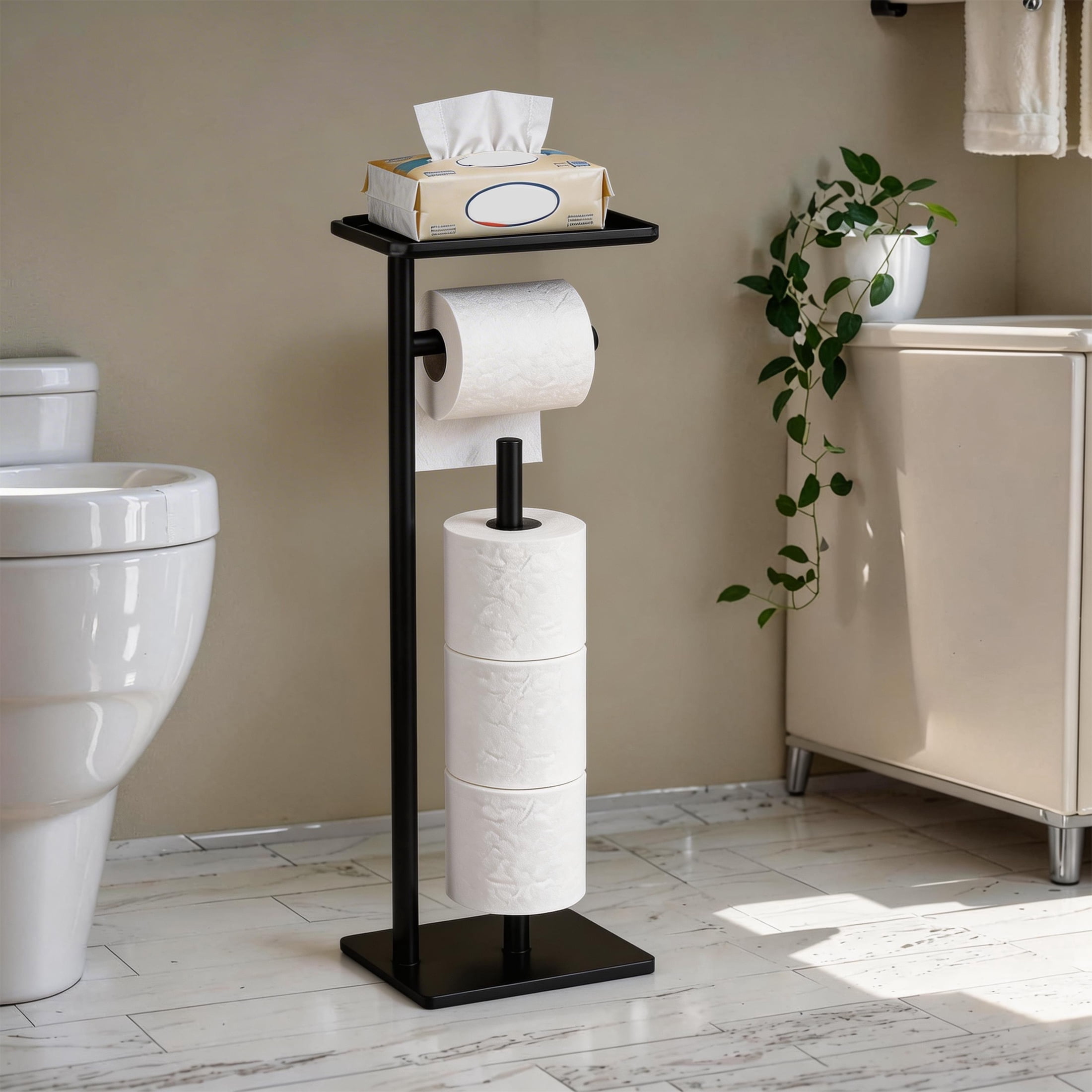 Toilet Paper Holder Stand, Toilet Paper Holder with Top Storage Shelf, Black Freestanding Toilet Paper Holder, Bathroom Storage Organizer for 4 Reserve Rolls Space-Saving