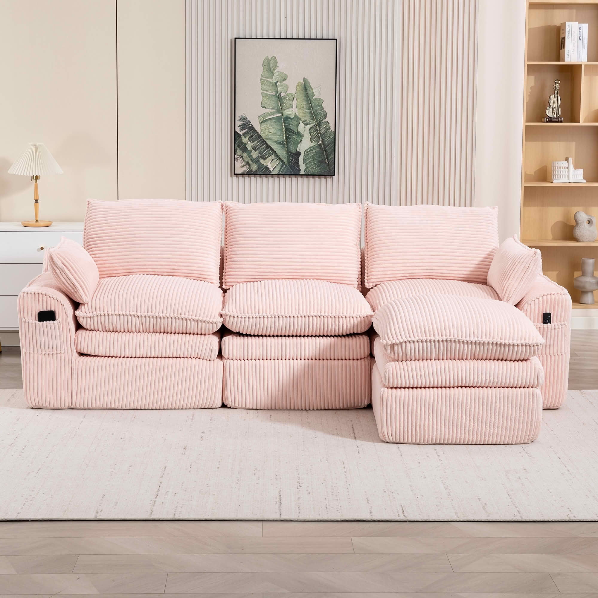 MAYEERTY Modular L Shape Corduroy Sectional Sofa, Compressed Boneless Cloud Couch with Footstool & Pillows for Small Living Space