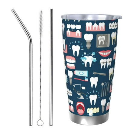 

Uemuo Dental Print Travel Coffee Mug 20oz Double-walled Car Cup Stainless Steel Insulated Tumbler Leak-proof Travel Cup Reusable Straw Car Cup-Straw Three-piece Set
