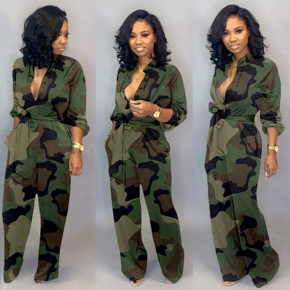 Molidfa Camouflage Womens Jumpsuits Casual Pocket Long Sleeve Wide Leg Casual Jumpsuits for Ladies