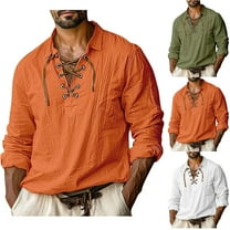 UVEASISHA Polos Shirts for Men Retro Renaissance Lace Up V Neck Pirate Shirt Rolled Up Long Sleeve Soft Casual Golf Shirts Loose Fit Beach Vacation T-shirt,Army Green,2XL