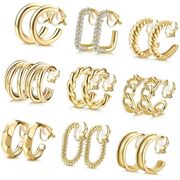 Fogun 9Pairs Eye Catching Gold Plated Clip On Earrings Dumpy Hoop Designs Ear Accessory for Women Without Pierced Ear Jewelry
