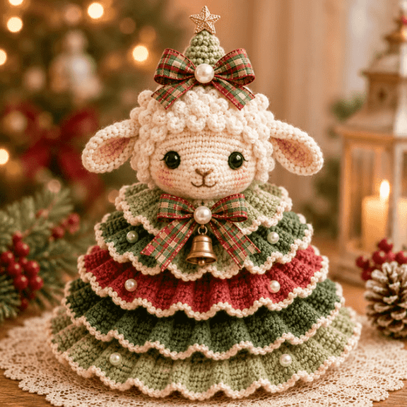 Crochet Animal Christmas Tree DIY Kit , Handmade Crochet Yarn Tiered Christmas Tree Tabletop Decor – Vintage Plaid Accent Seasonal Keepsake Ornament