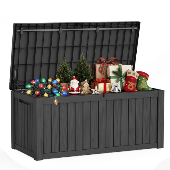 Joxxoaa 130 Gallon Resin Outdoor Storage Deck Box, Weatherproof Patio Storage Bin with Pneumatic Hinged Lockable Lid for Garden, Pool, Backyard, Black/Gray