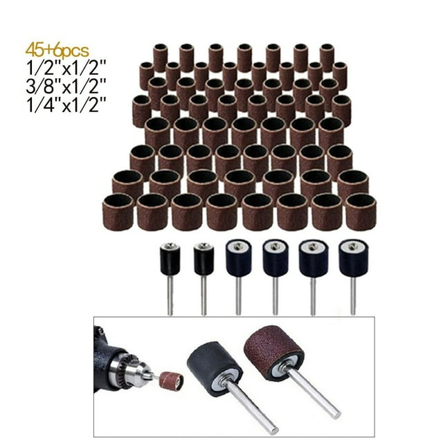 51 Pack Sanding Drum Rotary Tool Rubber Mandrel Bands Sleeves Kit 1/8 Inch Shank