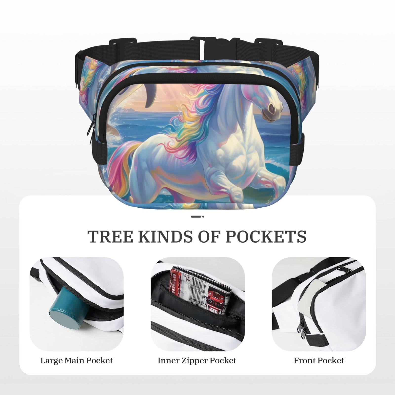 Picia Dolphin Rainbow Horse Print Square Double-Layer Waist Bag Mini Adjustable Waist Belt Bag Exercise Running Travel Hiking