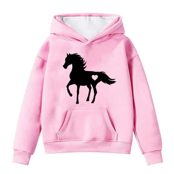Big Girls Hoodies Sweatshirts Winter Warm Pullover With Pocket Cute Horse Print Long Sleeve Hooded Sweatshirt Kids Clothes Pink Size 12-13T
