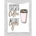 thumbnail image 1 of But First Coffee Tapestry, Morning Starts with Coffee Lettering with Watercolor Cup, Wall Hanging for Bedroom Living Room Dorm Decor, 40W X 60L Inches, White Cocoa and Baby Pink, by Ambesonne, 1 of 2